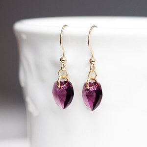 Purple Crystal Heart Earrings Swarowski Crystal Earrings Tiny Heart Dangle Simple Delicate Earrings E137 image 4