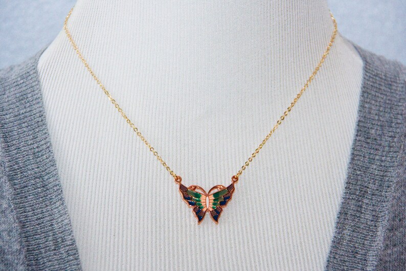 Enamel Butterfly Necklace Blue Green Colorful Necklace Delicate Butterfly Charm Butterfly Jewelry N286 image 2