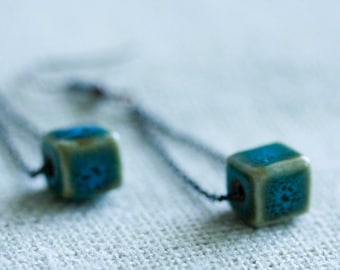 Green Cube Dangle Earrings Blue Gemstone Long Chain Earrings Unique Patten Stone Cube Earrings Antiqued Copper Chain Earrings - E316