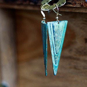 Patina Triangle Earrings Verdigris Turquoise Geometric Earrings Rustic Green Retro Charm Long Dangles E264 image 4