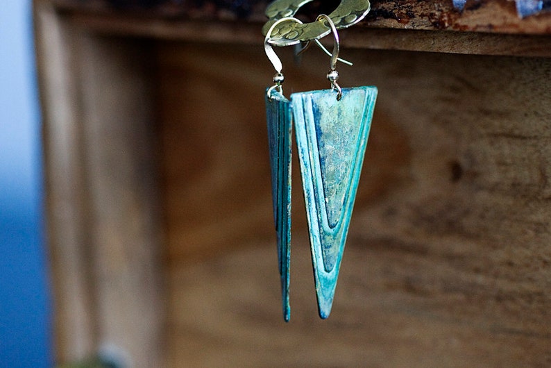 Patina Triangle Earrings Verdigris Turquoise Geometric Earrings Rustic Green Retro Charm Long Dangles E264 image 4