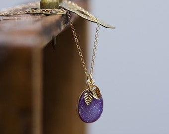 Purple Druzy Necklace Tiny Leaf Lavender Gemstone Gold Filled Chain Violet Crystal Gold Leaves Druzy Pendant -  N354