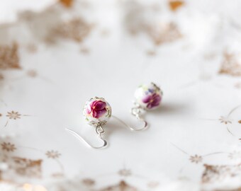 White Floral Bead Earrings Red Purple Flower Sterling Silver Bead Dangle Earrings Japanese Style Ceramic Bead Jewelry - E400