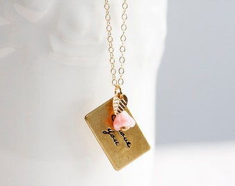 Love Letter Necklace Tiny Leaf Pink Flower Love Message I Love You Forever Romantic Sweet Necklace - N269