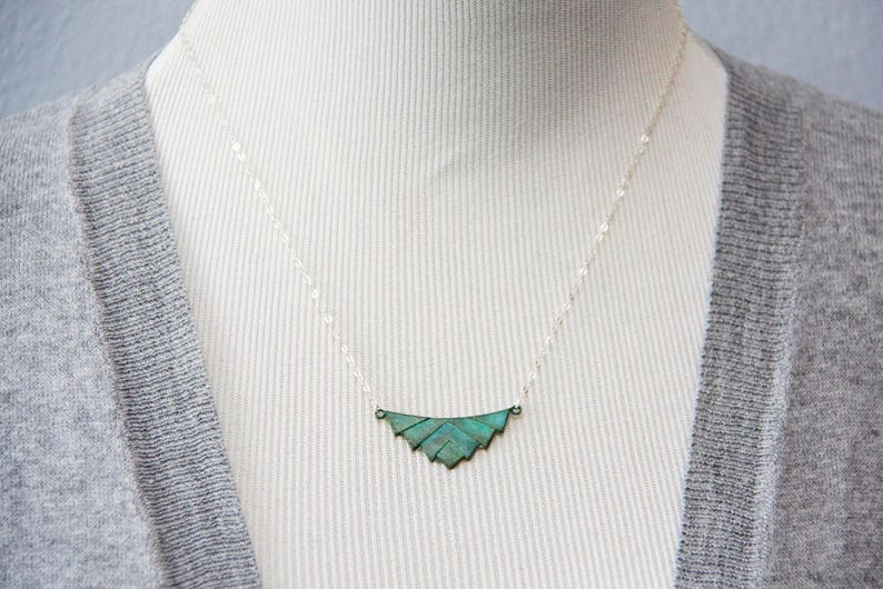 Patina Triangle Necklace Verdigris Geometric Necklace Sterling Silver Necklace Rustic Green Elegant Modern Geometric Jewelry N357 image 3