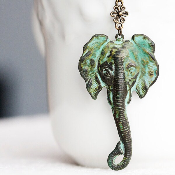 Patina Elephant Necklace Verdigris Elephant Pendant Green Elephant Wisdom Good Luck Charm - N271