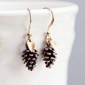 Tiny Leaf Pine Cone Earrings Christmas Gold Minimal Leaves Antiqued Copper Brown Pinecone Nature Woodland E188 image 3