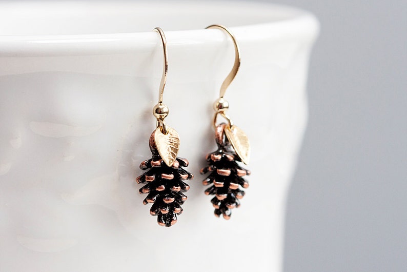 Tiny Leaf Pine Cone Earrings Christmas Gold Minimal Leaves Antiqued Copper Brown Pinecone Nature Woodland E188 image 3