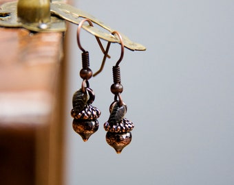 Antiqued Copper Acorn Earrings - Woodland Leaf Charms - E254