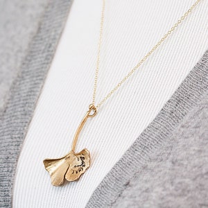 Ginkgo Leaf Necklace Mothers Day Gift Antiqued Matte Gold Plated Autumn Leaf N128 image 3