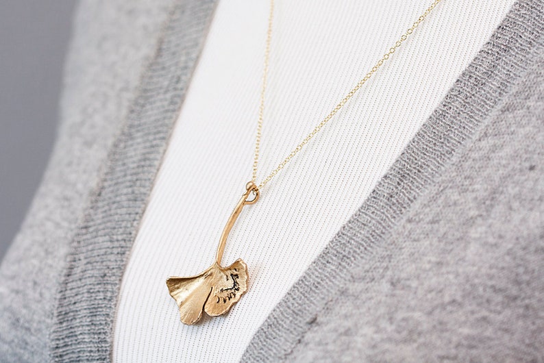 Ginkgo Leaf Necklace Mothers Day Gift Antiqued Matte Gold Plated Autumn Leaf N128 image 3