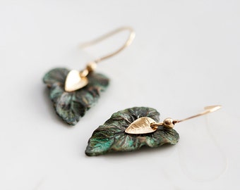 Patina Leaf Earrings Tiny Gold Leaf Verdigris Leaf Dangle Earrings Rustic Little Earrings Leaf Jewelry - E130