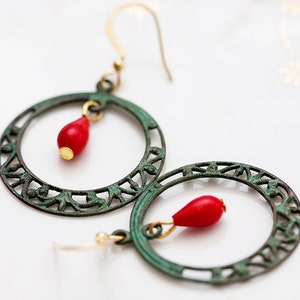 Patina Hoop Red Drop Earrings Verdigris Filigree Hoop Earrings Rustic Patina Earrings Verdigris Jewelry E100 image 4