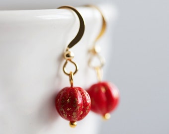 Red Pumpkin Earrings Christmas Pumpkin Bead Gold Earrings Red Earrings - E033