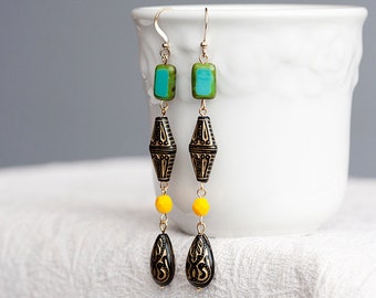 Long Bohemian Earrings Black Gold Green Yellow Boho Chic Earrings Colorful Beaded Earrings - E148