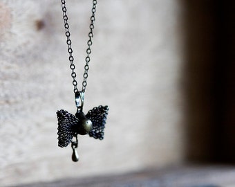 Sweet Bow Long Chain Necklace Filigree Black Bow Necklace - N284