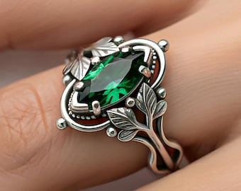 Elven Leaf Marquise Ring | 925 Sterling Silver | Nature Inspired Fantasy Jewelry | Birthday Gift for Her