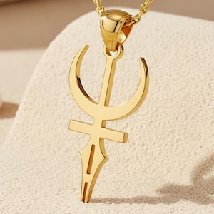 A handcrafted Feminine Energy Necklace made from 925 silver, featuring a sacred symbol pendant inspired by spiritual and divine feminine themes. The minimalist crescent and cross design hangs from a cable chain, offering a meaningful jewelry piece and a thoughtful gift for women who love symbolic and elegant accessories.