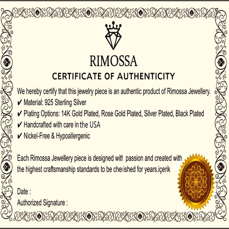 May include: A certificate of authenticity from Rimossa Jewellery. The document certifies the jewelry is made of 925 Sterling Silver, with plating options including 14K Gold, Rose Gold, Silver, and Black. It is handcrafted in the USA and nickel-free.