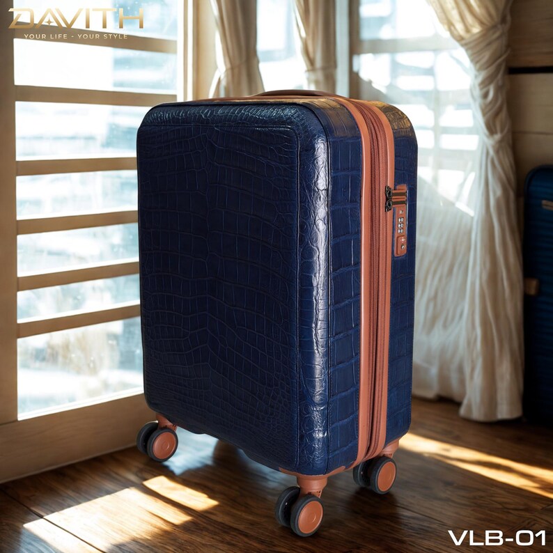 Handmade Navy Exotic Leather Suitcase | Artisan Travel Luggage (55x40x20cm) image 10