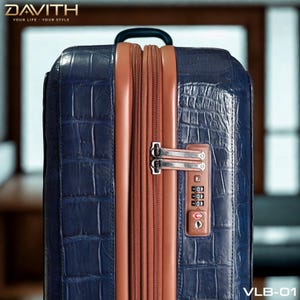 Handmade Navy Exotic Leather Suitcase | Artisan Travel Luggage (55x40x20cm) image 9