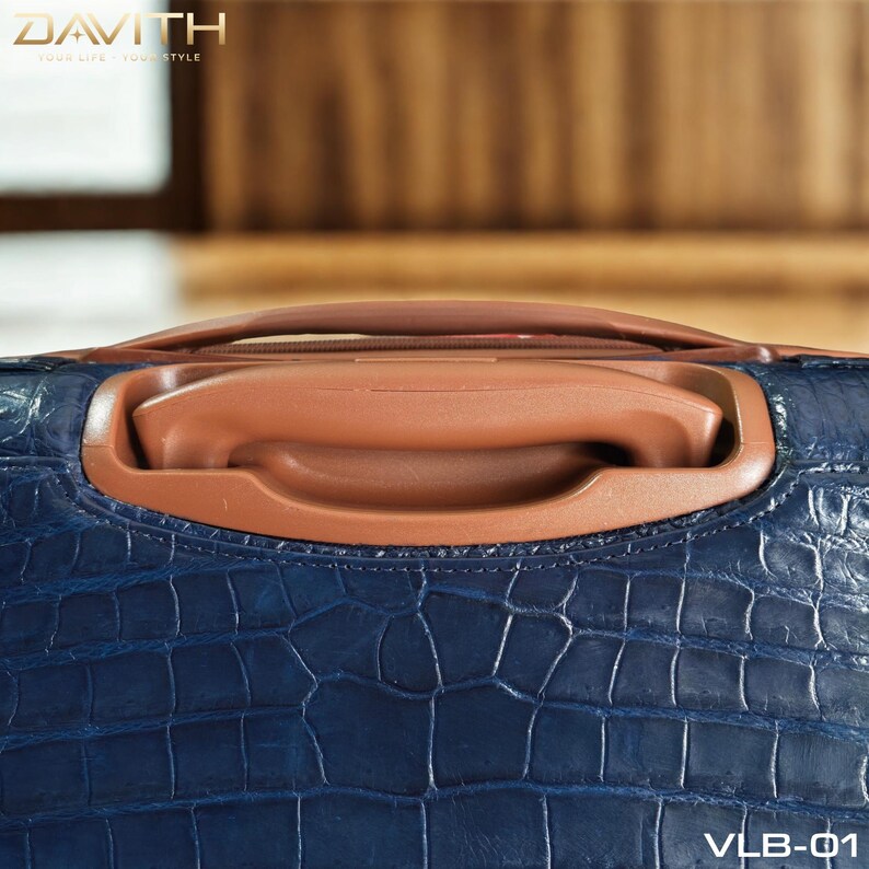 Handmade Navy Exotic Leather Suitcase | Artisan Travel Luggage (55x40x20cm) image 8