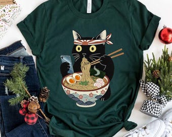 Funny Black Cat Ramen Shirt, Cat Eating Ramen Shirt, Cat Eating Noodles Tee, Graphic Tee for Cat Lovers, Ramen Lover Shirt, Casual Cat Shirt