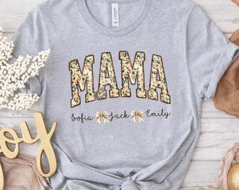 Camiseta personalizada para mamá con los nombres de los niños, camiseta personalizada para mamá, camiseta floral para mamá, regalo del Día de la Madre para mamá, camiseta con nombre personalizado, idea de regalo para mamá