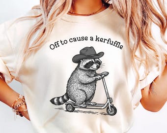 Comfort Colors® Funny Raccoon Shirt, Off To Cause A Kerfuffle Shirt, Mischievous Raccoon Scooter Tee, Sarcastic Animal Graphic Shirt