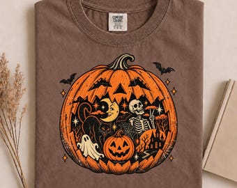 Vintage Spooky Pumpkin Scene Comfort Colors Shirt Graphic Tee, Retro Halloween Tshirt, Jack O Lantern Fall, Cute Spooky Season Gift
