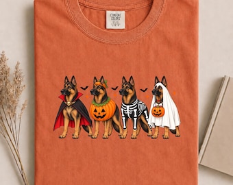 Halloween German Shepherd Shirt, Funny GSD Costume Graphic Tee, Cute Pumpkin Ghost Skeleton Dog Shirt, Comfort Colors Dog Lover Gift