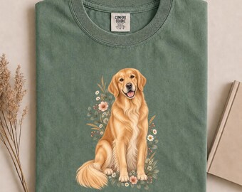 Comfort Colors Golden Retriever Shirt, Floral Goldie Mom Tee, Botanical Dog Tshirt, Cottagecore Animal Apparel, Wildflower Dog Lover Gift