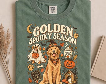 Comfort Colors Golden Retriever Shirt, Golden Spooky Season Tee, Retro Halloween Dog Tshirt, Fall Goldie Apparel, Cute Dog Mom Gift