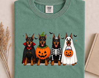 Halloween Doberman Shirt, Funny Doberman Costume Tee, Cute Pumpkin Ghost Skeleton Dog Shirt, Comfort Colors Dog Lover Gift