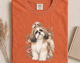 Comfort Colors Shih Tzu Shirt, Floral Shih Tzu Mom Tee, Botanical Dog Tshirt, Cottagecore Animal Apparel, Wildflower Dog Lover Gift