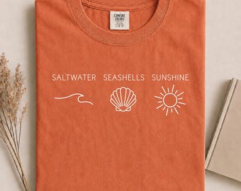 Comfort Colors Saltwater Seashells Sunshine Shirt, Coastal Beach Shirt, Minimalist Summer Vacation Shirt, Ocean Lover Tee, Summer Vibes Tee