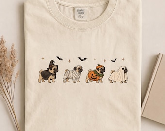 Pug Halloween Costumes Comfort Colors Shirt, Retro Spooky Pug Dog Graphic Tee, Funny Halloween Pug Gift