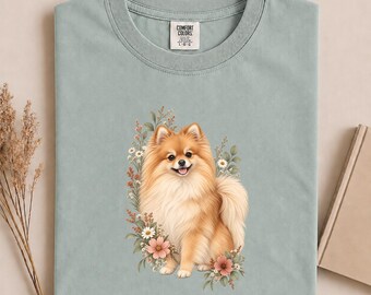 Comfort Colors Pomeranian Shirt, Floral Pom Mom Tee, Botanical Dog Tshirt, Cottagecore Animal Apparel, Wildflower Dog Lover Gift