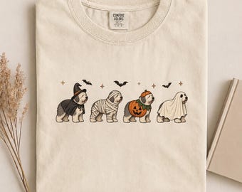 Sheepdog Halloween Costumes Comfort Colors Shirt, Retro Spooky Sheepdog Dog Graphic Tee, Funny Halloween Sheepdog Gift