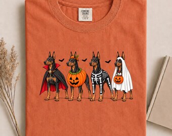 Halloween Doberman Shirt, Funny Doberman Costume Graphic Tee, Cute Pumpkin Ghost Skeleton Dog Shirt, Comfort Colors Dog Lover Gift