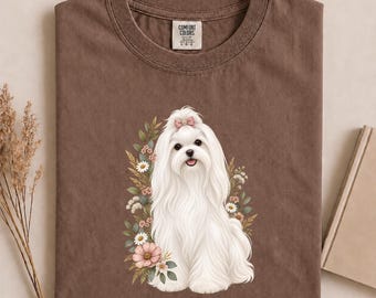 Comfort Colors Maltese Shirt, Floral Maltese Mom Tee, Botanical Dog Tshirt, Cottagecore Animal Apparel, Wildflower Dog Lover Gift