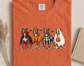 Halloween Pitbull Shirt, Funny Pitbull Costume Graphic Tee, Cute Pumpkin Ghost Skeleton Dog Shirt, Comfort Colors Dog Lover Gift