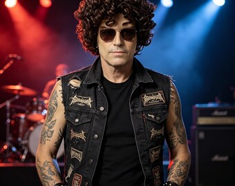 Etiquetas personalizadas, peluca rizada voluminosa de color marrón oscuro para hombre, peluca sintética resistente al calor estilo estrella de rock para disfraz de Halloween, banda de metal