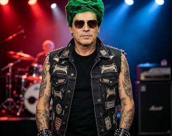 Etiquetas personalizadas, Peruca masculina verde brilhante, volumosa e encaracolada, estilo rockstar, peruca sintética punk resistente ao calor, fantasia de cosplay para palco no Halloween
