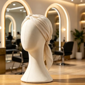 May include: A light beige headscarf featuring a knotted front detail and a tied back section, displayed on a smooth, neutral-toned mannequin head. The fabric has a soft, matte texture and drapes elegantly around the head form.