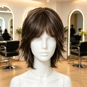 May include: A shoulder-length brown wig with lighter highlights and a layered, textured cut featuring wispy bangs. The hair is styled with volume around the crown and tapers toward the ends, displayed on a smooth, featureless white mannequin head.
