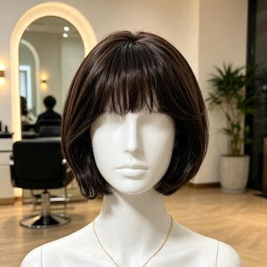 May include: A short, dark brown wig with straight, wispy bangs and rounded layers that frame the face. The hair is styled in a smooth, chin-length bob cut with a natural-looking part, displayed on a white mannequin head with a thin gold necklace.