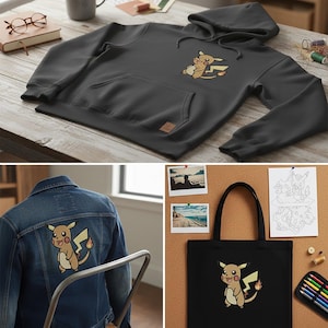 May include: A collection of apparel and accessories featuring a Pikachu design. Includes a charcoal gray hoodie, a denim jacket, and a black tote bag. The Pikachu design is embroidered on each item. Also includes a coloring page and pencils.