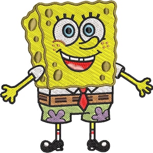 Pode incluir: Imagem bordada de Bob Esponja, um personagem amarelo, poroso e retangular com grandes olhos azuis, uma gravata vermelha e calções verdes. Seus braços estão estendidos e ele tem um sorriso largo e feliz. O design é detalhado com várias cores.
