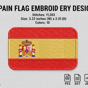 May include: Embroidered patch featuring the Spanish flag design. The patch is rectangular with rounded corners, displaying the red and yellow colors of the flag. The design includes the Spanish coat of arms. The patch measures 3.22 inches wide and 2.01 inches high.